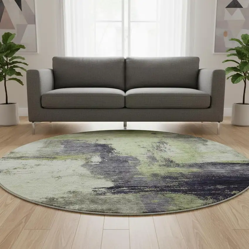 8' Fern Green Gray And Ivory Abstract Washable Round Rug With UV Protection Photo 2