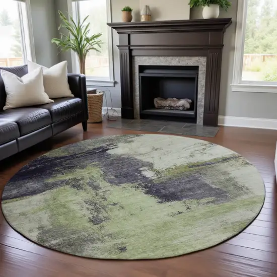 8' Fern Green Gray And Ivory Abstract Washable Round Rug With UV Protection Photo 4