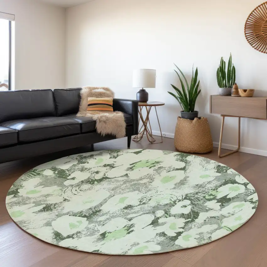 8' Fern Green Gray And Ivory Floral Washable Round Rug With UV Protection Photo 4