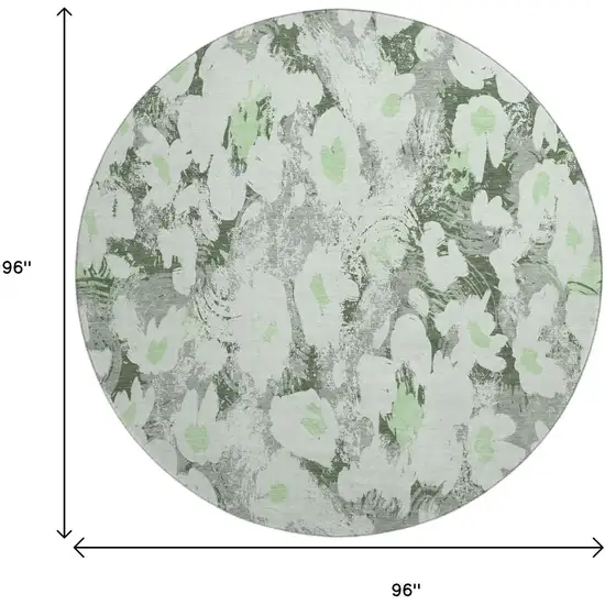 8' Fern Green Gray And Ivory Floral Washable Round Rug With UV Protection Photo 9