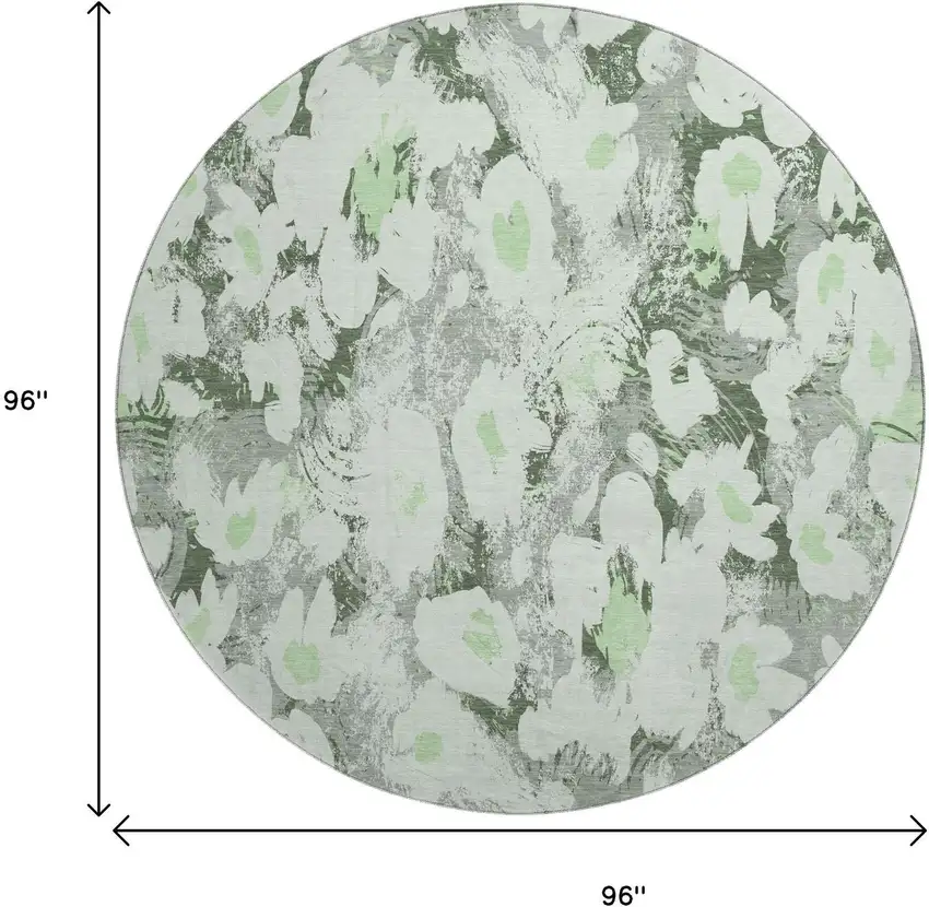 8' Fern Green Gray And Ivory Floral Washable Round Rug With UV Protection Photo 9