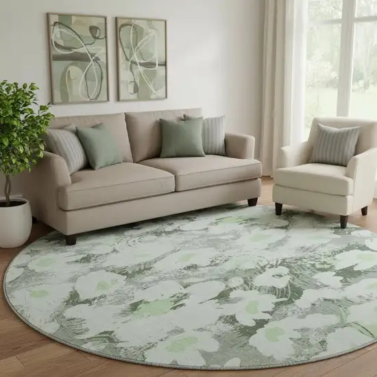 8' Fern Green Gray And Ivory Floral Washable Round Rug With UV Protection Photo 1