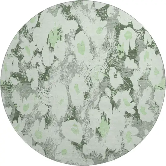 8' Fern Green Gray And Ivory Floral Washable Round Rug With UV Protection Photo 1
