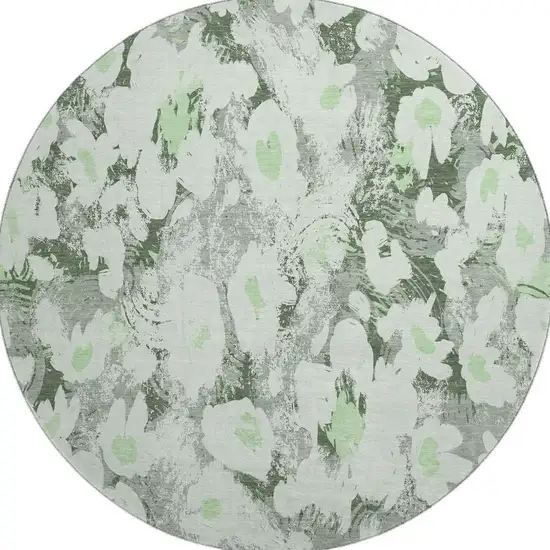 8' Fern Green Gray And Ivory Floral Washable Round Rug With UV Protection Photo 3