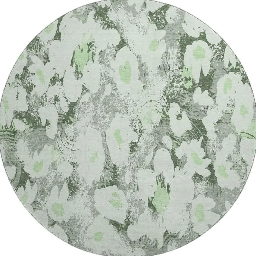 8' Fern Green Gray And Ivory Floral Washable Round Rug With UV Protection Photo 3