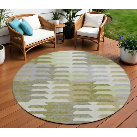 8' Fern Green Gray And Ivory Round Geometric Washable Indoor Outdoor Area Rug Photo 1