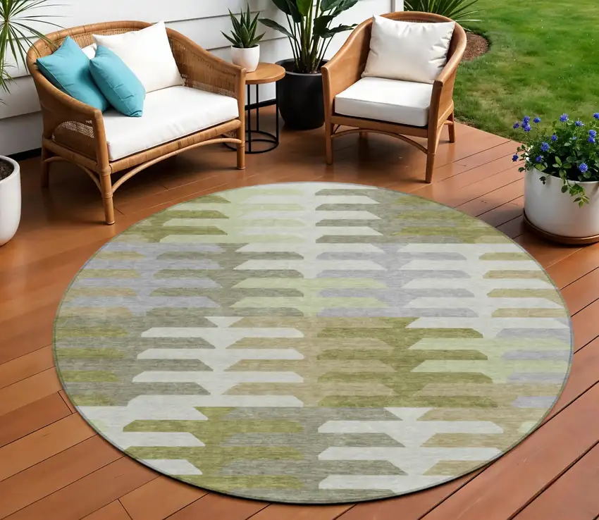 8' Fern Green Gray And Ivory Round Geometric Washable Indoor Outdoor Area Rug Photo 1