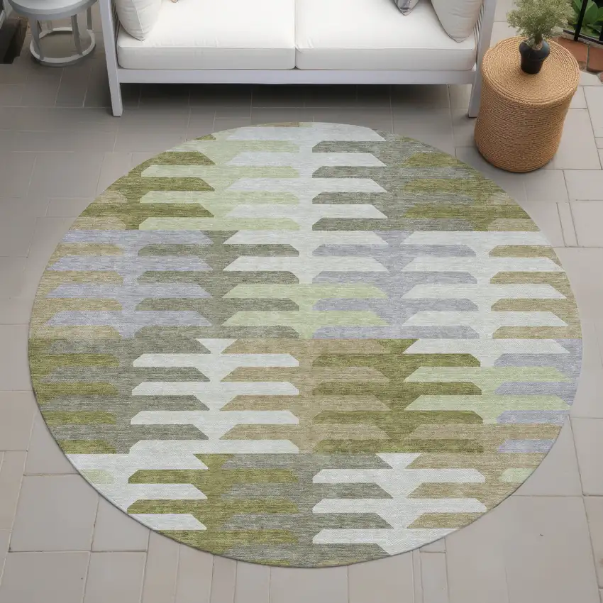 8' Fern Green Gray And Ivory Round Geometric Washable Indoor Outdoor Area Rug Photo 6