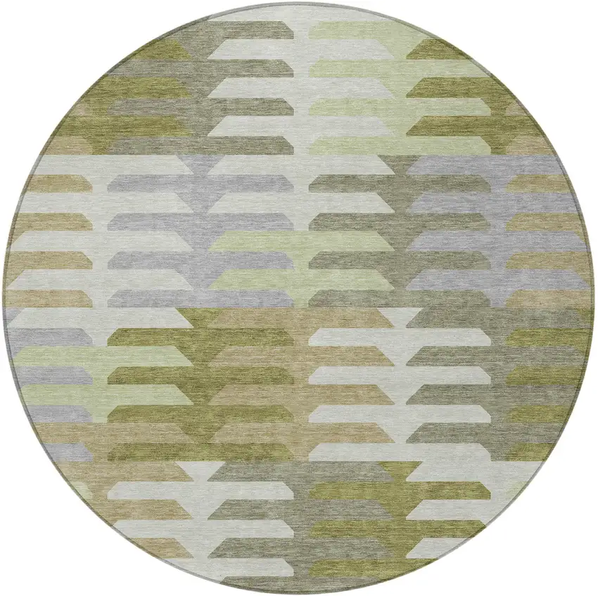 8' Fern Green Gray And Ivory Round Geometric Washable Indoor Outdoor Area Rug Photo 4