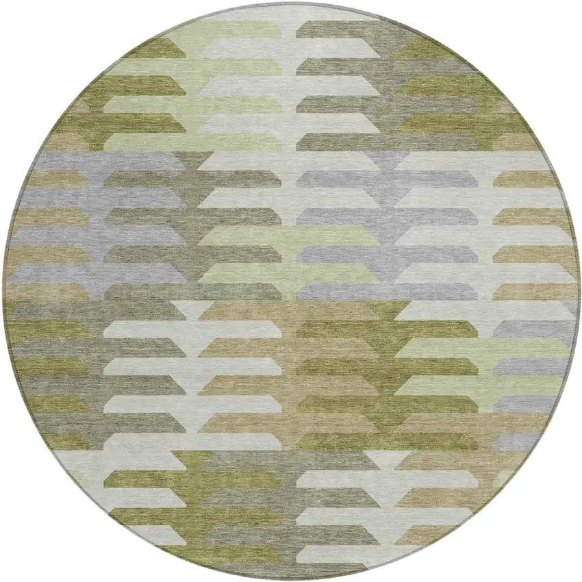 8' Fern Green Gray And Ivory Round Geometric Washable Indoor Outdoor Area Rug Photo 2