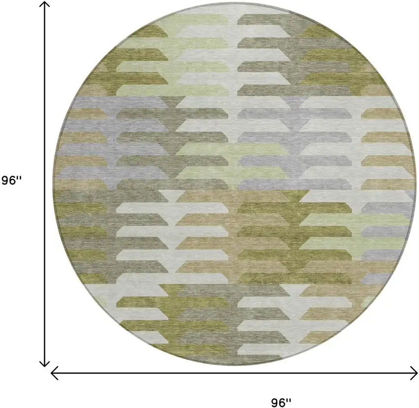 8' Fern Green Gray And Ivory Round Geometric Washable Indoor Outdoor Area Rug Photo 3