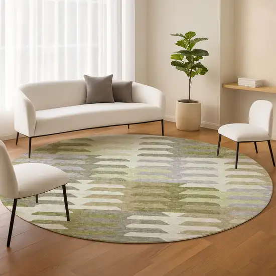 8' Fern Green Gray And Ivory Round Geometric Washable Indoor Outdoor Area Rug Photo 9