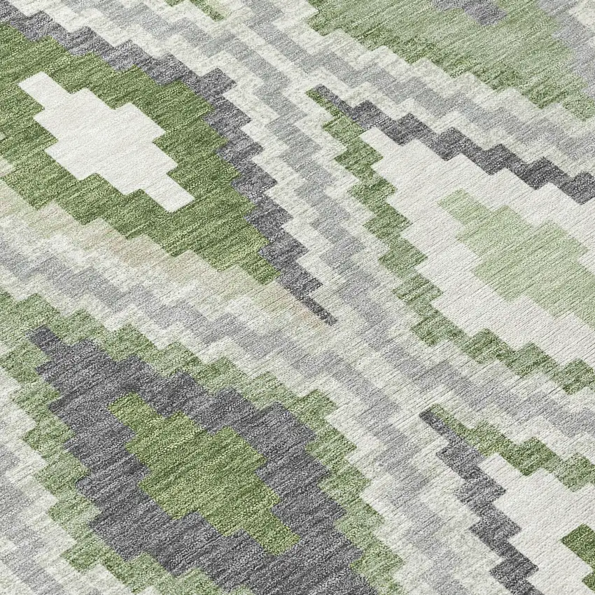 8' Fern Green Gray And Ivory Round Geometric Washable Indoor Outdoor Area Rug Photo 9