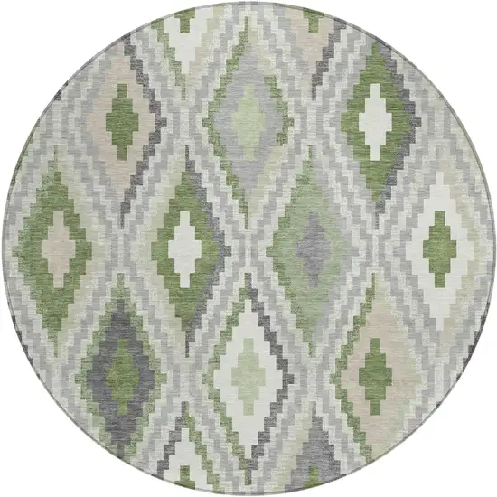 8' Fern Green Gray And Ivory Round Geometric Washable Indoor Outdoor Area Rug Photo 2