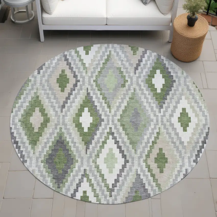 8' Fern Green Gray And Ivory Round Geometric Washable Indoor Outdoor Area Rug Photo 8