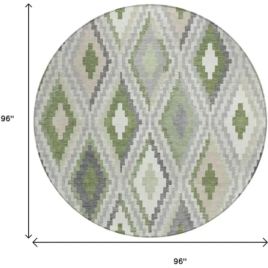 8' Fern Green Gray And Ivory Round Geometric Washable Indoor Outdoor Area Rug Photo 3