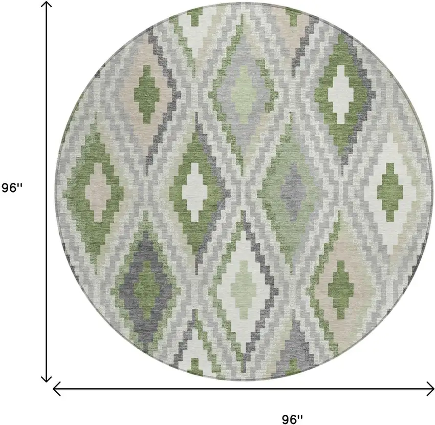 8' Fern Green Gray And Ivory Round Geometric Washable Indoor Outdoor Area Rug Photo 3