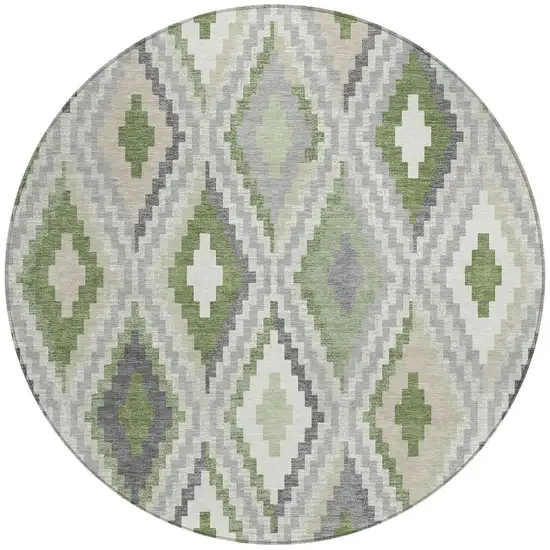 8' Fern Green Gray And Ivory Round Geometric Washable Indoor Outdoor Area Rug Photo 4