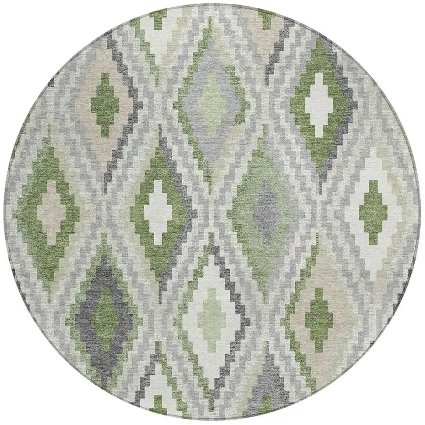 8' Fern Green Gray And Ivory Round Geometric Washable Indoor Outdoor Area Rug Photo 4