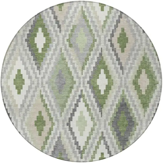 8' Fern Green Gray And Ivory Round Geometric Washable Indoor Outdoor Area Rug Photo 5