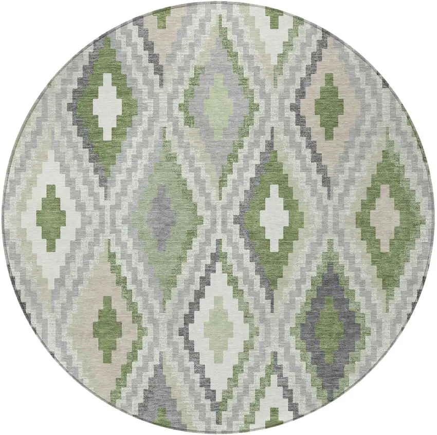 8' Fern Green Gray And Ivory Round Geometric Washable Indoor Outdoor Area Rug Photo 5