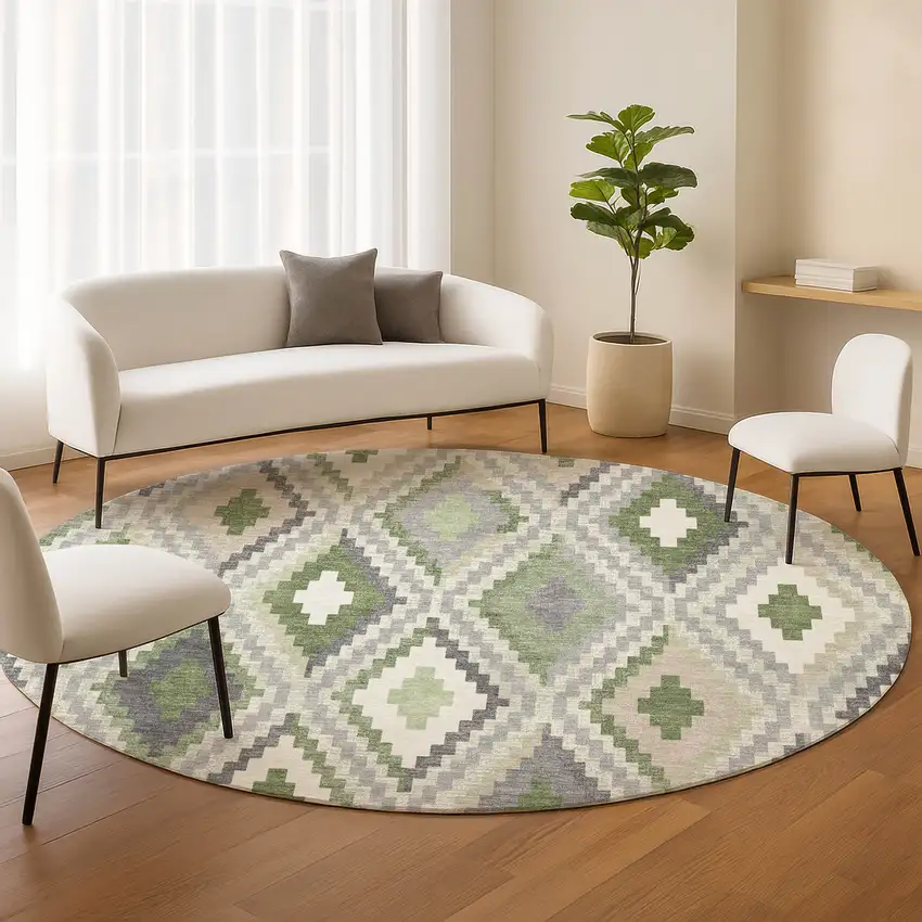 8' Fern Green Gray And Ivory Round Geometric Washable Indoor Outdoor Area Rug Photo 9
