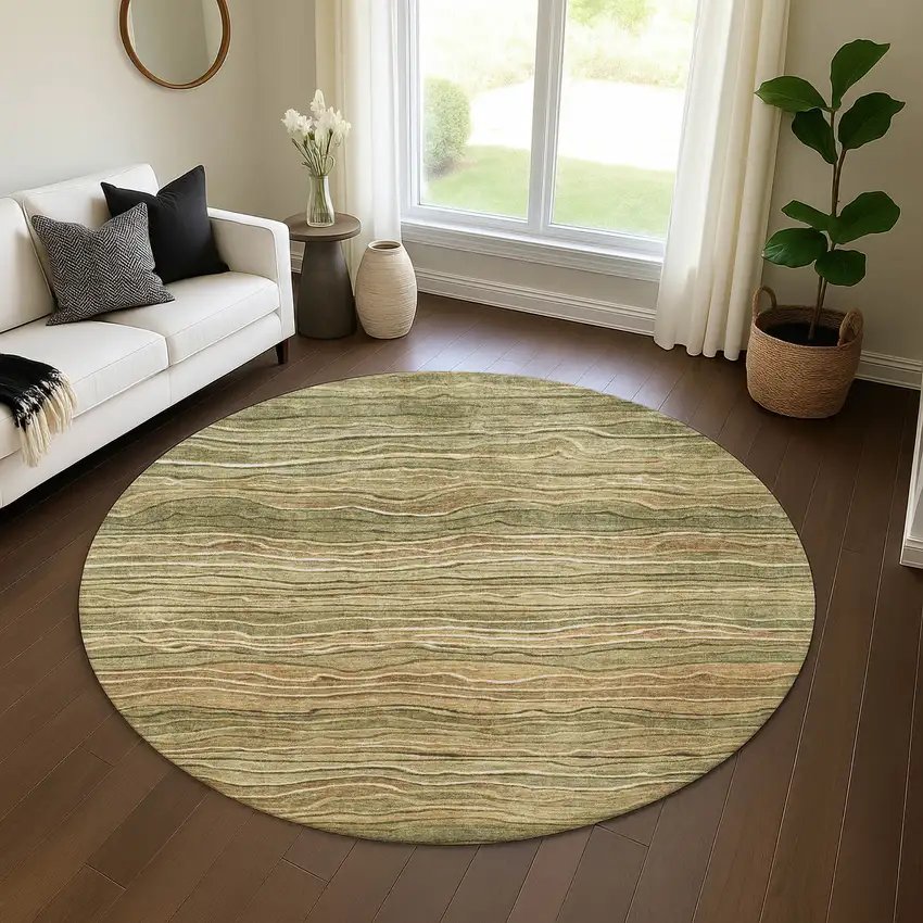 8' Fern Green Gray And Ivory Striped Washable Round Rug With UV Protection Photo 4