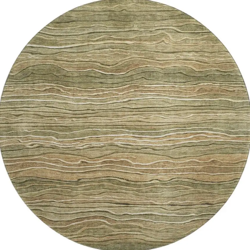 8' Fern Green Gray And Ivory Striped Washable Round Rug With UV Protection Photo 3