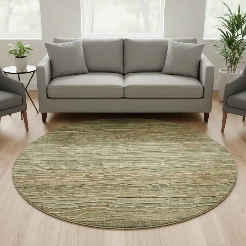 8' Fern Green Gray And Ivory Striped Washable Round Rug With UV Protection Photo 2