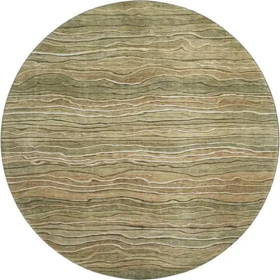 8' Fern Green Gray And Ivory Striped Washable Round Rug With UV Protection Photo 1