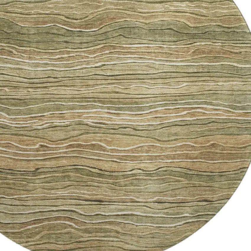 8' Fern Green Gray And Ivory Striped Washable Round Rug With UV Protection Photo 2