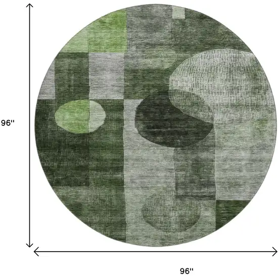 8' Fern Green Gray And Silver Geometric Washable Round Rug With UV Protection Photo 9