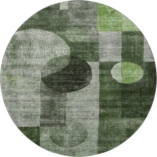 8' Fern Green Gray And Silver Geometric Washable Round Rug With UV Protection Photo 3