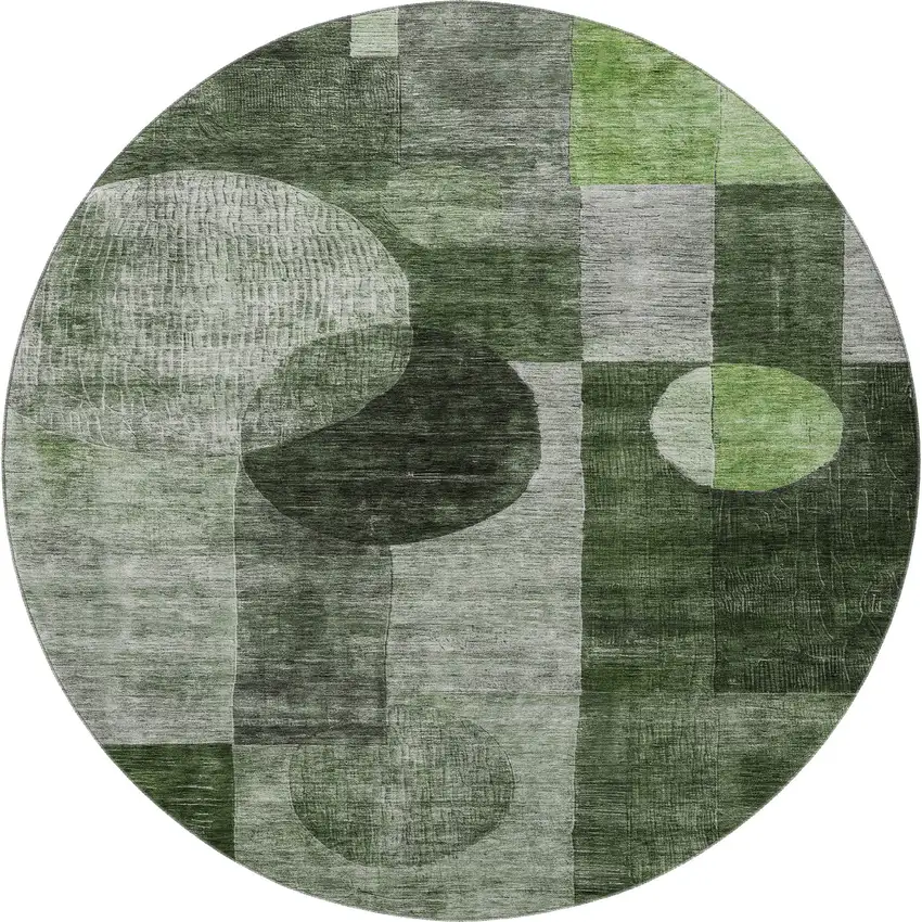 8' Fern Green Gray And Silver Geometric Washable Round Rug With UV Protection Photo 3