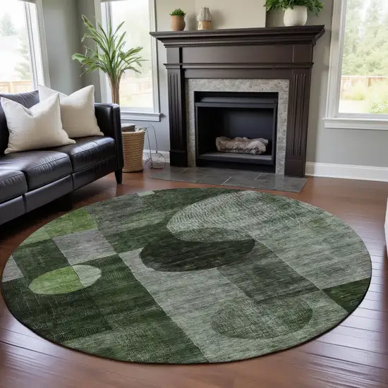 8' Fern Green Gray And Silver Geometric Washable Round Rug With UV Protection Photo 5