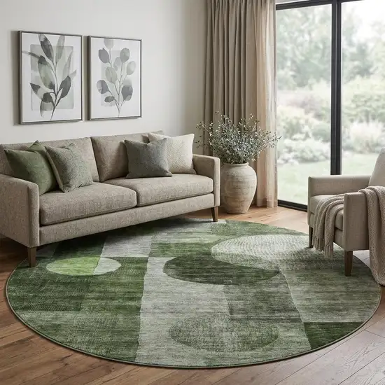 8' Fern Green Gray And Silver Geometric Washable Round Rug With UV Protection Photo 1