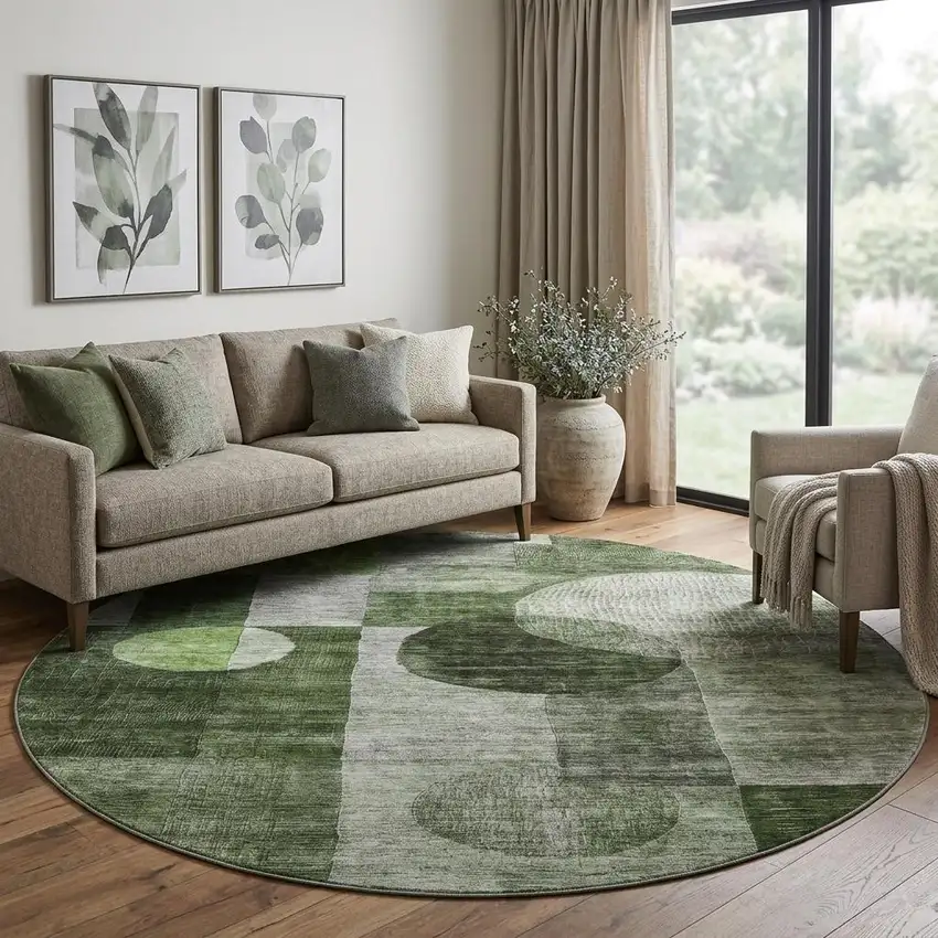 8' Fern Green Gray And Silver Geometric Washable Round Rug With UV Protection Photo 1
