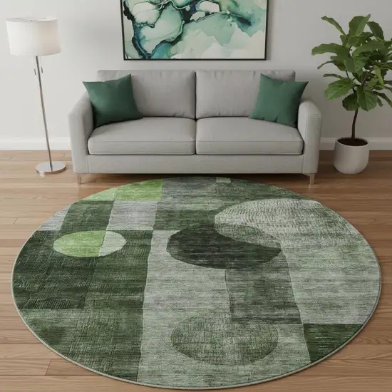 8' Fern Green Gray And Silver Geometric Washable Round Rug With UV Protection Photo 2
