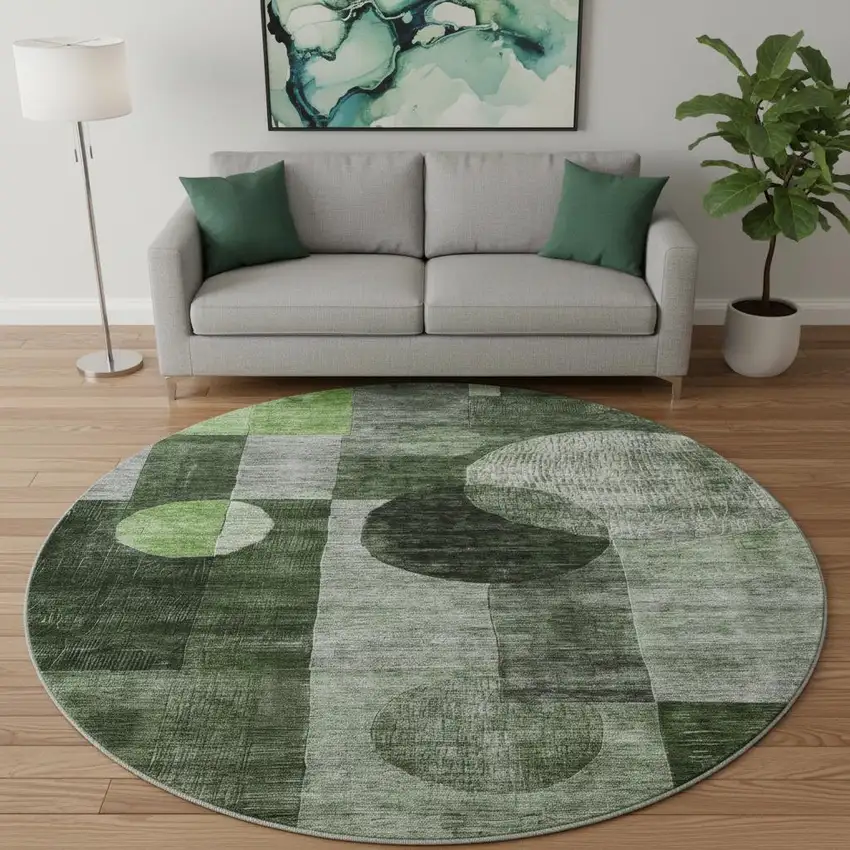 8' Fern Green Gray And Silver Geometric Washable Round Rug With UV Protection Photo 2