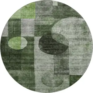 Photo of 8' Fern Green Gray And Silver Geometric Washable Round Rug With UV Protection
