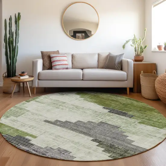 8' Fern Green Ivory And Charcoal Round Geometric Washable Indoor Outdoor Area Rug Photo 6