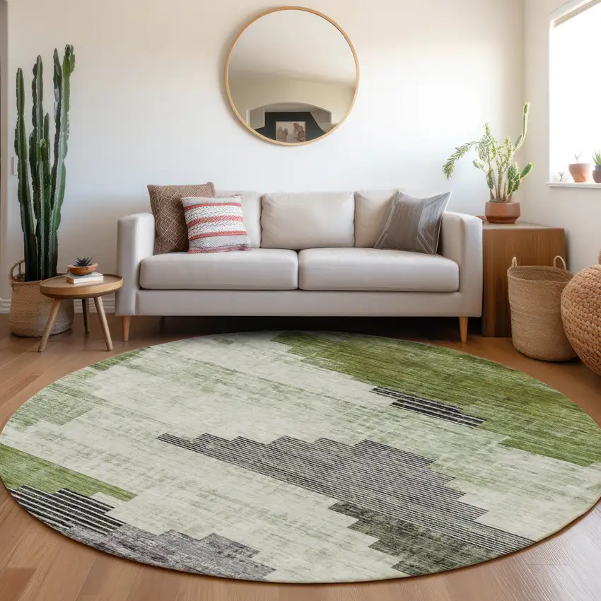 8' Fern Green Ivory And Charcoal Round Geometric Washable Indoor Outdoor Area Rug Photo 6