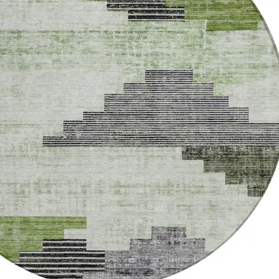 8' Fern Green Ivory And Charcoal Round Geometric Washable Indoor Outdoor Area Rug Photo 8