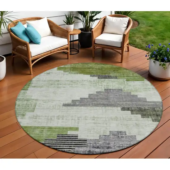 8' Fern Green Ivory And Charcoal Round Geometric Washable Indoor Outdoor Area Rug Photo 2