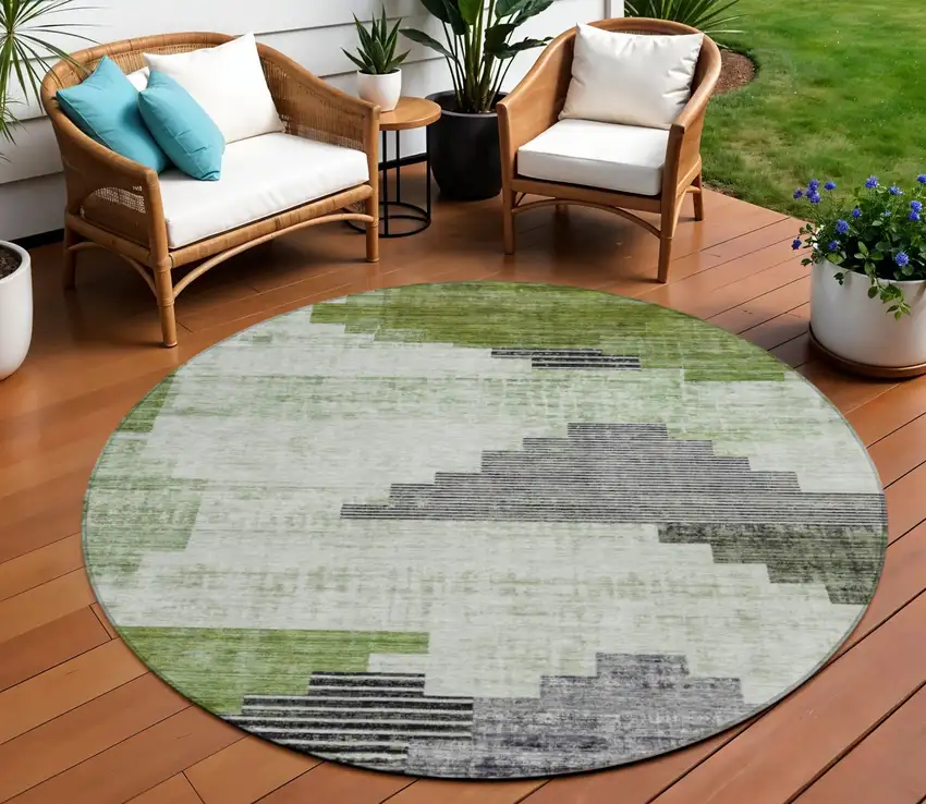 8' Fern Green Ivory And Charcoal Round Geometric Washable Indoor Outdoor Area Rug Photo 2