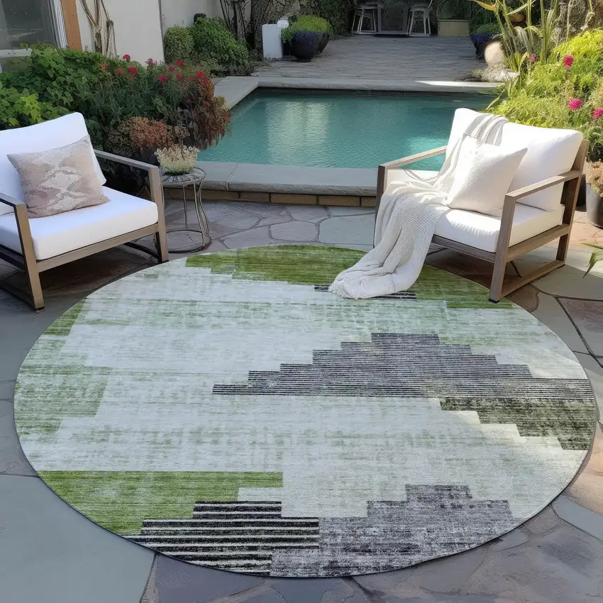 8' Fern Green Ivory And Charcoal Round Geometric Washable Indoor Outdoor Area Rug Photo 5