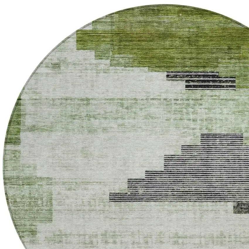 8' Fern Green Ivory And Charcoal Round Geometric Washable Indoor Outdoor Area Rug Photo 4