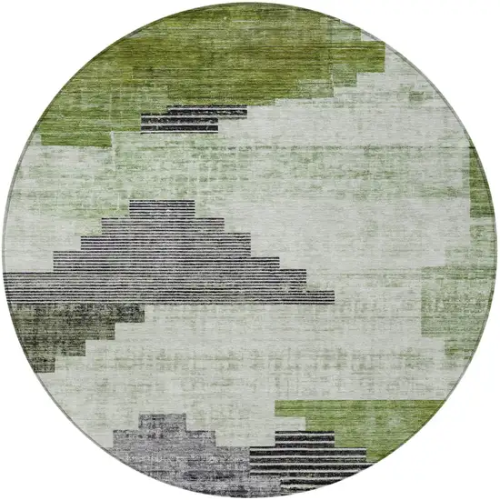 8' Fern Green Ivory And Charcoal Round Geometric Washable Indoor Outdoor Area Rug Photo 3