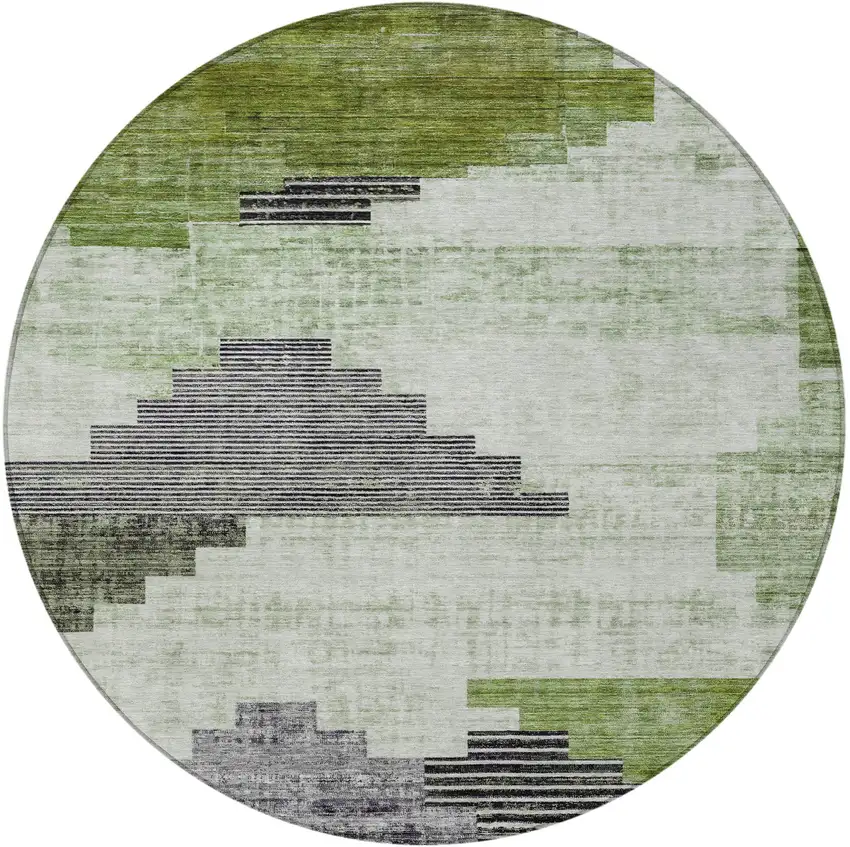 8' Fern Green Ivory And Charcoal Round Geometric Washable Indoor Outdoor Area Rug Photo 3