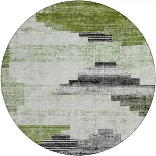 8' Fern Green Ivory And Charcoal Round Geometric Washable Indoor Outdoor Area Rug Photo 1
